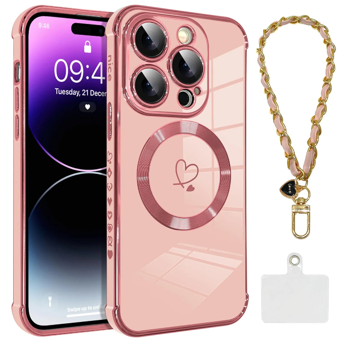 OOK Magnetic Phone Case for iPhone 14 Pro 6.1 Inch [Wireless Charging Compatible] Soft TPU Heart Design Shockproof Protection Electroplated Slim Case with Strap Lanyard - Pink