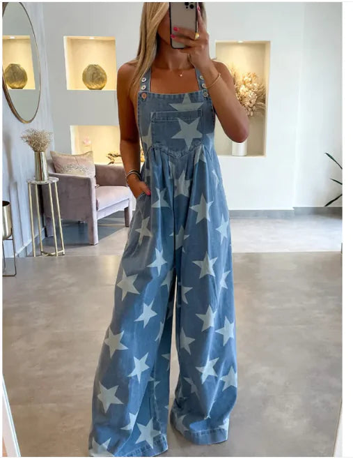 Star Print Denim Romper