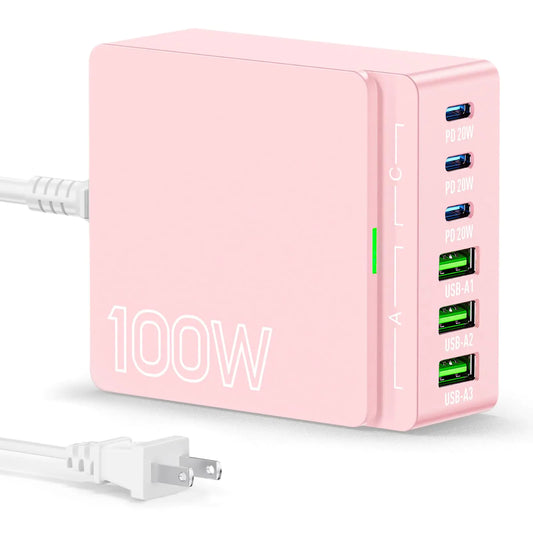 USB C Charger Block Charging Station: 100W 6 Port GaN Fast Charging Brick Hub Cube Box - PD 3.0 Type C & USB A Wall Charger Power Adapter for All iPhone iPad Samsung Android Pixel Series