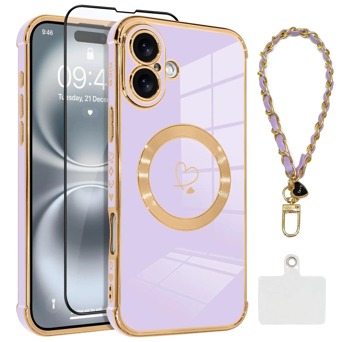 OOK Magnetic Phone Case for iPhone 14 Pro 6.1 Inch [Wireless Charging Compatible] Soft TPU Heart Design Shockproof Protection Electroplated Slim Case with Strap Lanyard - Pink